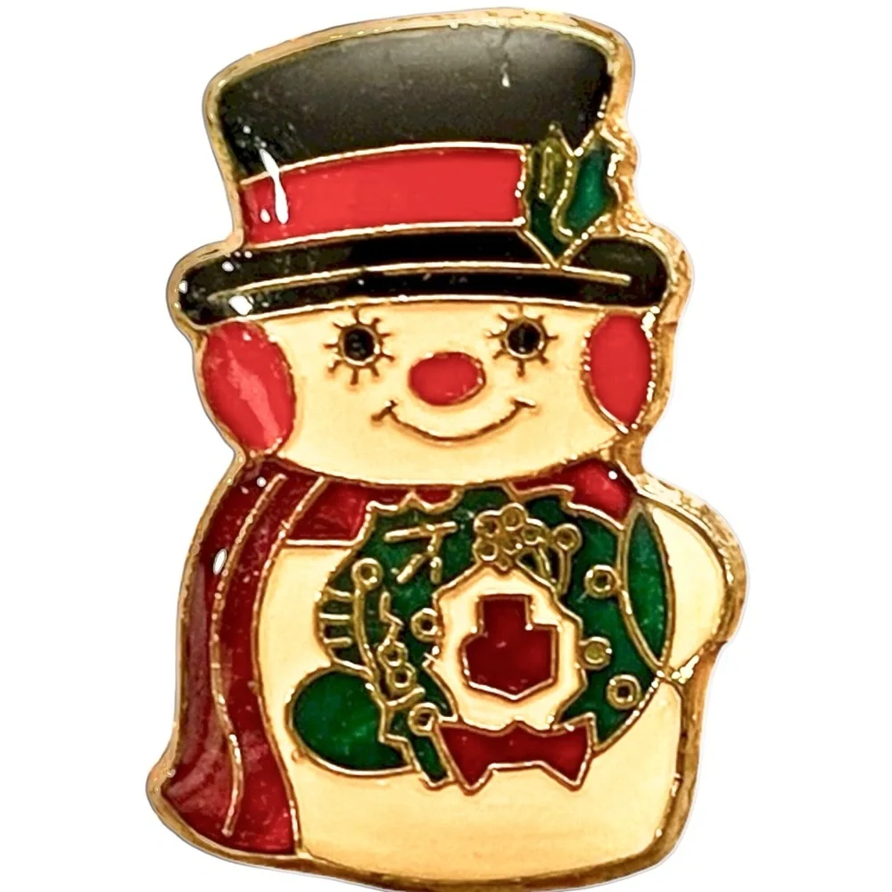 Vintage Gold Tone‎ Enamel Happy Snowman Christmas Tie Lapel Pin Festive Holiday